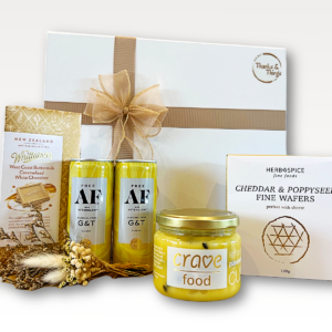 True Tonic Gift Box NZ with alcohol-free gin & tonics, Whittaker’s chocolate, cheddar & poppyseed wafers, lemon & passionfruit curd, and dry flower bouquet