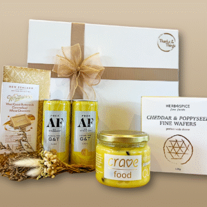 True Tonic Gift Box NZ with alcohol-free gin & tonics, Whittaker’s chocolate, cheddar & poppyseed wafers, lemon & passionfruit curd, and dry flower bouquet