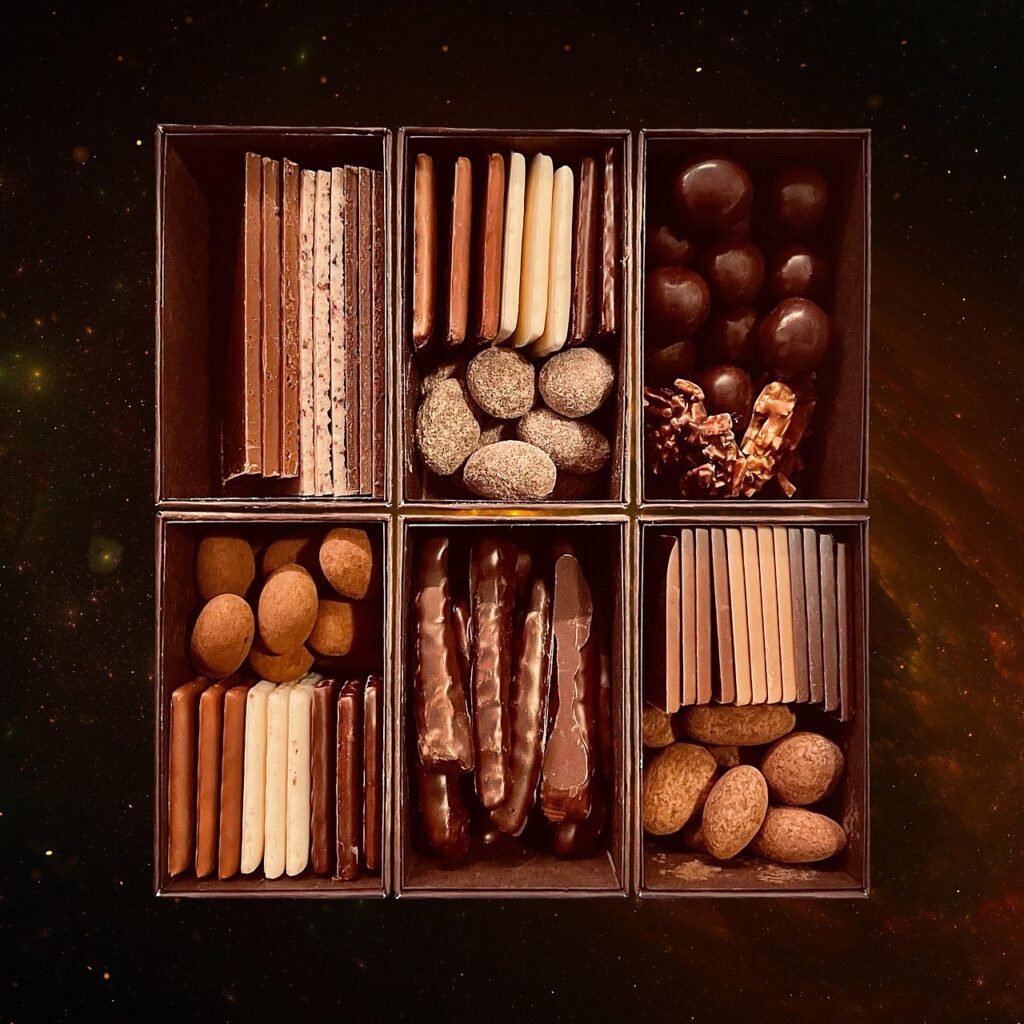 chocolate, box, square, brown, white, almonds, hazelnuts, nougat, orange, caramel, cocoa, arrangement, chocolate, chocolate, chocolate, chocolate, chocolate