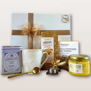 Better Days Ahead Gift Box NZ with teas, chocolate, lemon & passionfruit curd, cheddar & poppyseed wafers, and dry flower bouquet