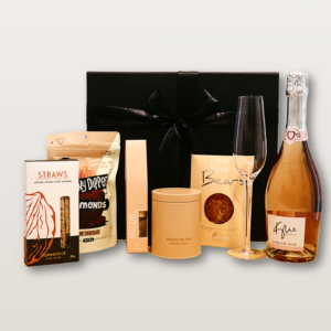 Breathe & Bubbly Gift Box NZ with alcohol-free sparkling rosé, almonds, cheese straws, Bubbly Bears gummies, lavender candle, and diffuser