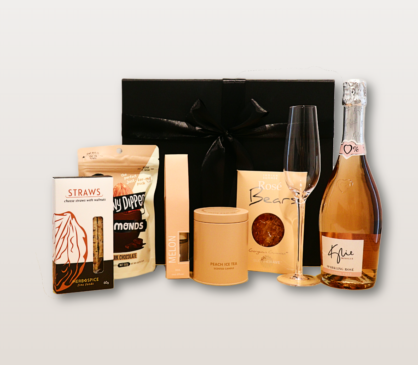 Breathe & Bubbly Gift Box NZ with alcohol-free sparkling rosé, almonds, cheese straws, Bubbly Bears gummies, lavender candle, and diffuser