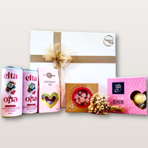 Cosmopolitan Gift Box NZ with alcohol-free cocktails, coconut ice, meringues, lemon cookie bites, and dry flower bouquet