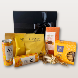Golden Hour Gift Box NZ with alcohol-free Aperol Spritz, artisan chocolate, biscuits, savoury bites, and dry flower bouquet