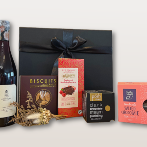 Scarlet Reserve Gift Box NZ with alcohol-free red wine, chocolate treats, and dry flower bouquet