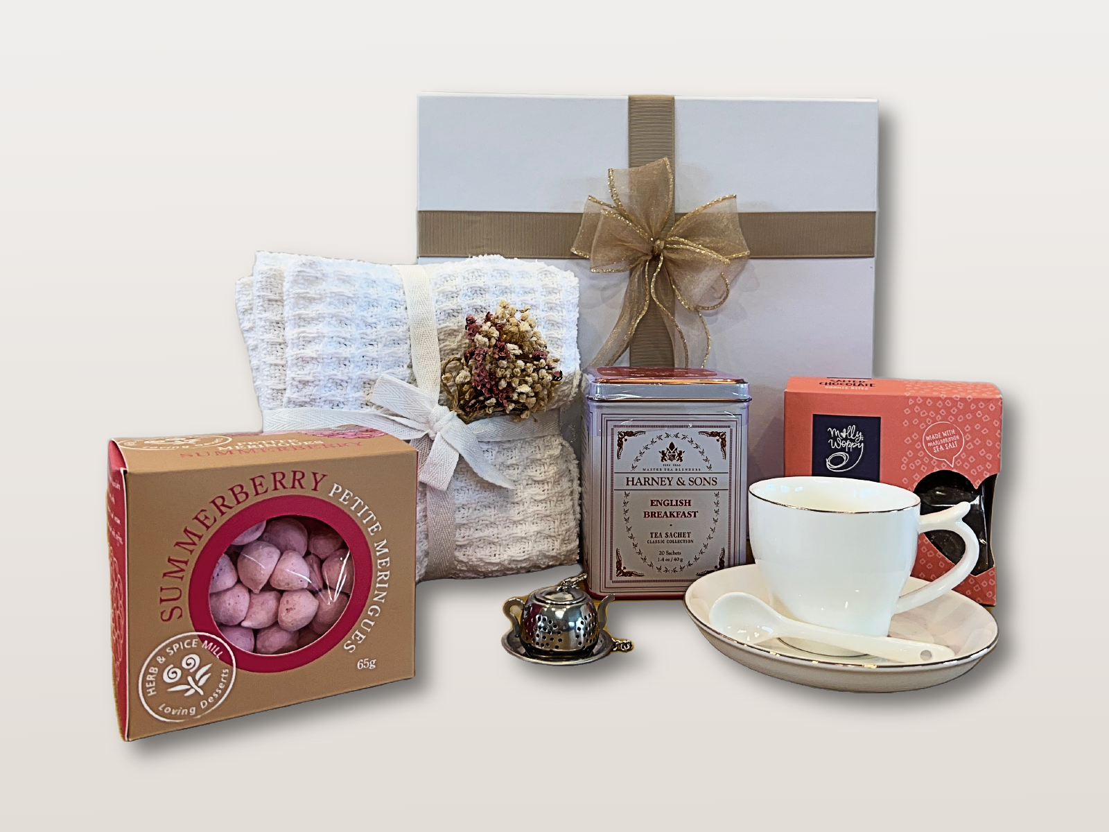 The Chai Box NZ with HT English Breakfast Tea, salted chocolate cookie bites, summer berry meringues, European tea set, and dry flower mini bouquet