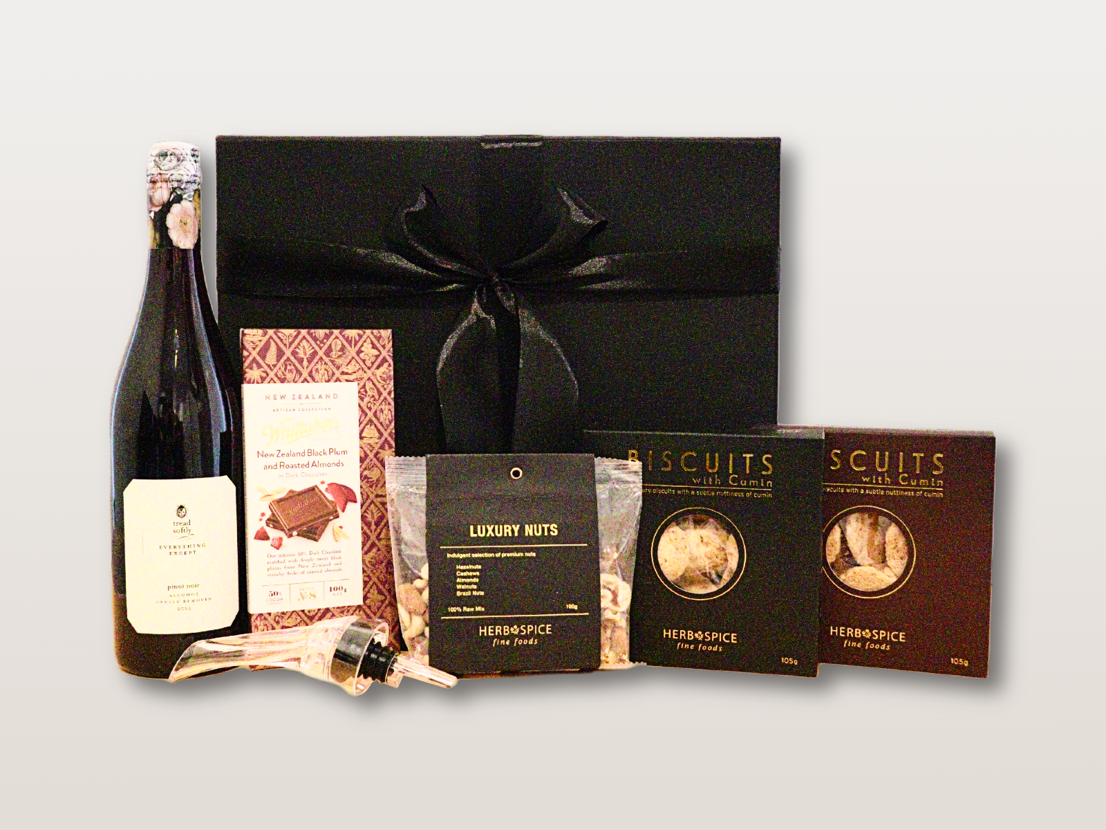 The Signature Collection Alcohol Free Gift Box with wine, savoury biscuits, nuts, and artisan chocolate
