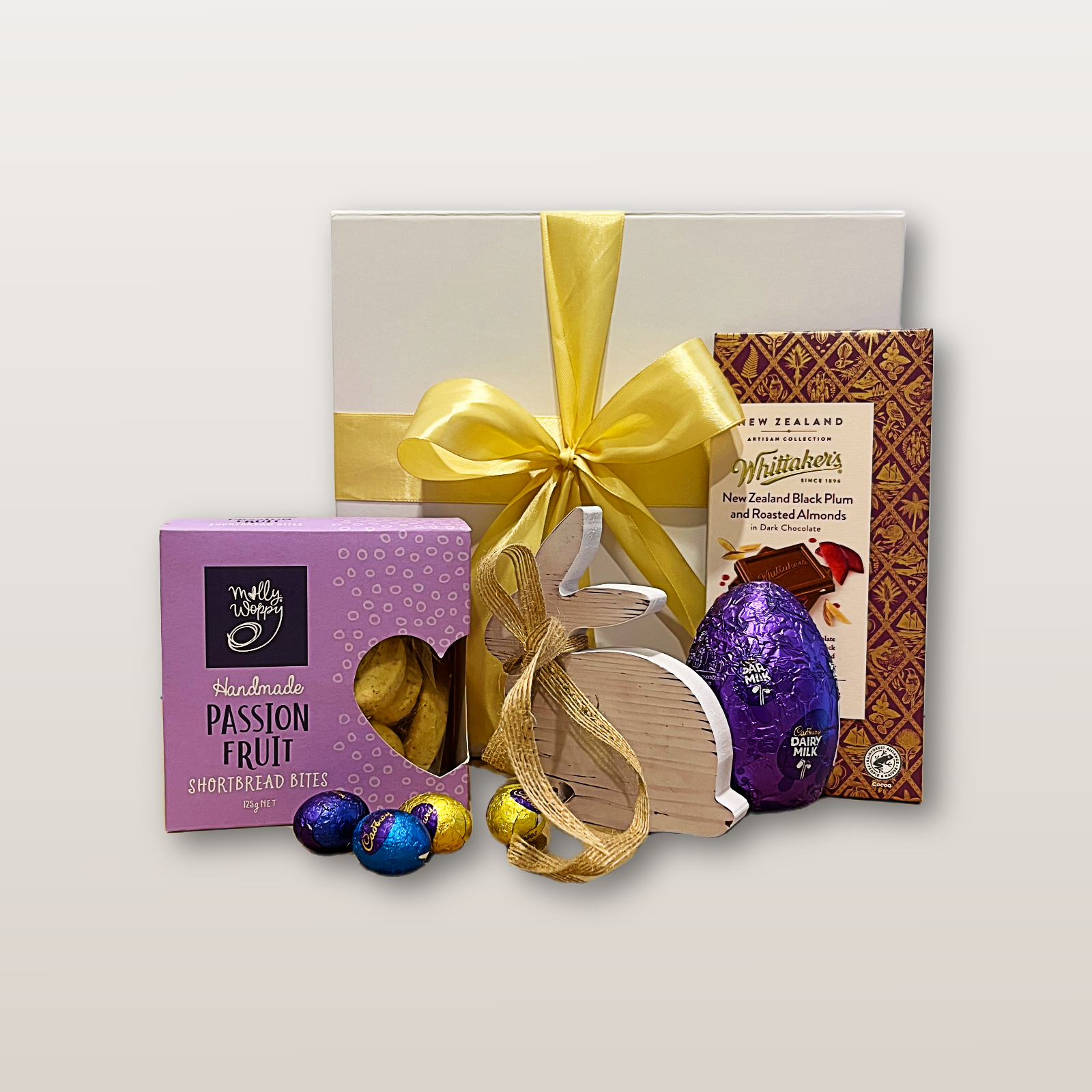 Easter Gift Box NZ Easter Bloom Box with Cadbury Mini Eggs, artisan chocolate and wooden bunny