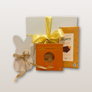 Easter Gift Box NZ Golden Easter Treats with artisan chocolate, orange gummies and wooden bunny