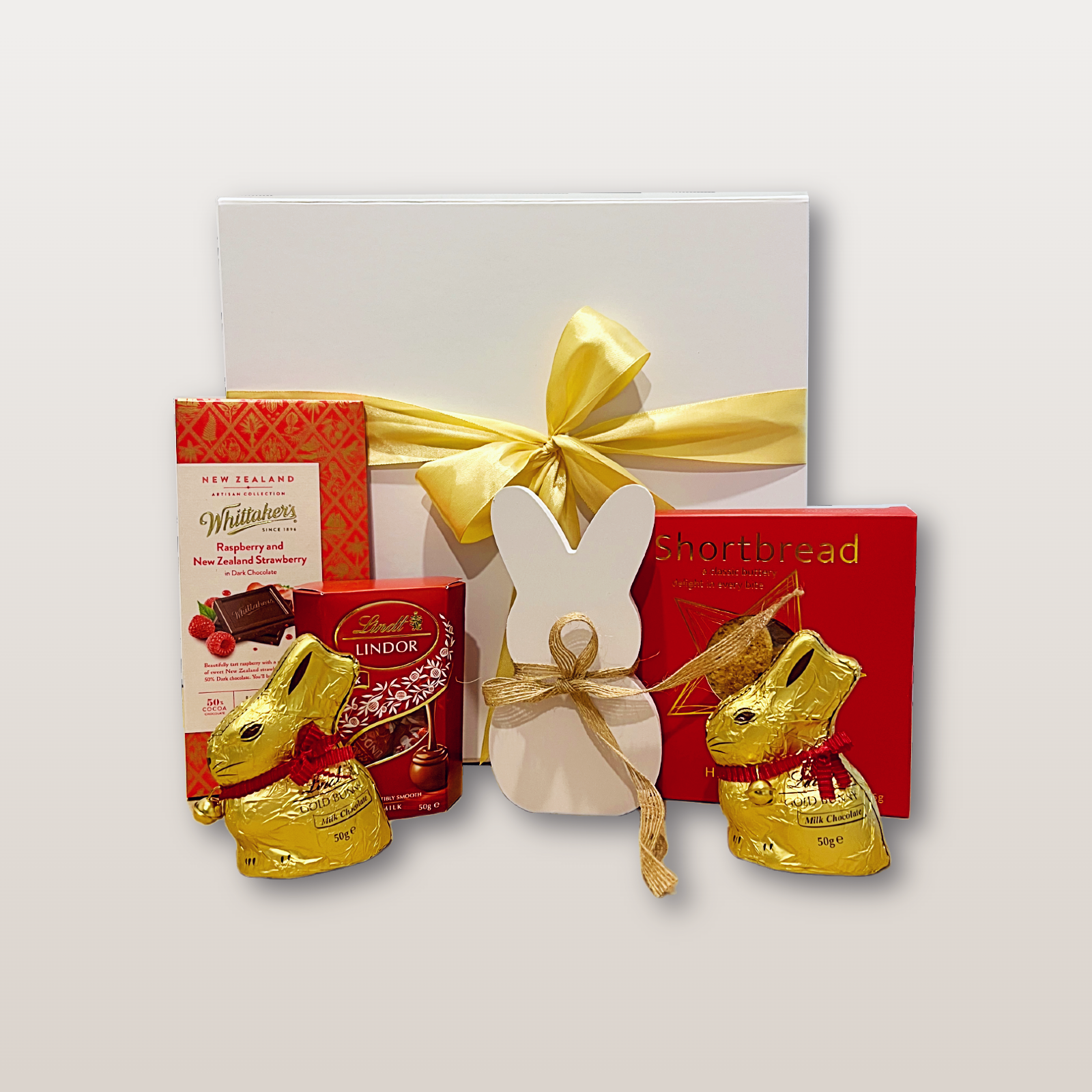 Lindt Easter Gift Box NZ Hoppy Easter Box with Gold Bunnies, Lindor chocolates and artisan treats