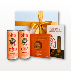 Alcohol-Free Gift Box NZ Petit Bellini with sparkling peach drink, gummies and savoury snacks in elegant gift box