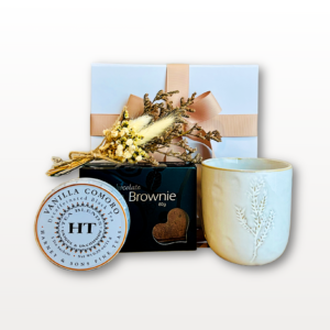 Snack Gift Box NZ Mini Bites & Sips with tea, brownie, latte cup and dried flowers