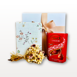 Affordable Gift Box NZ Pocket Treats with Lindt chocolate, notebook and dried flowers in compact gift box
