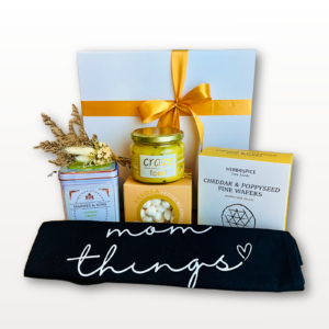 Mother’s Day Hamper NZ Sweet Mama’s Moments with tea, meringues, curd, wafers and dried flowers in elegant gift box