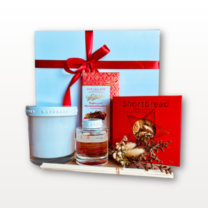 Home Fragrance Gift Box NZ The Atmosphere with candle diffuser chocolate biscuits and dried flowers