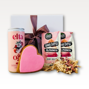 Little Celebration Celebration Gift Box NZ with alcohol-free Negroni, gingerbread heart cookie, chocolate almonds and dried flowers.
