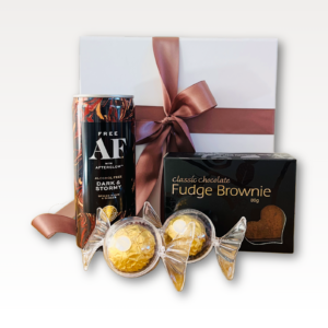 Little Cheers Alcohol-Free Gift Box NZ with AF Dark & Stormy, Ferrero Rocher chocolates and chocolate fudge brownie.