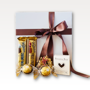 Little Chocoholic Chocolate Gift Box NZ with Whittaker's chocolate, Ferrero Rocher, mini brownie and dried flowers.