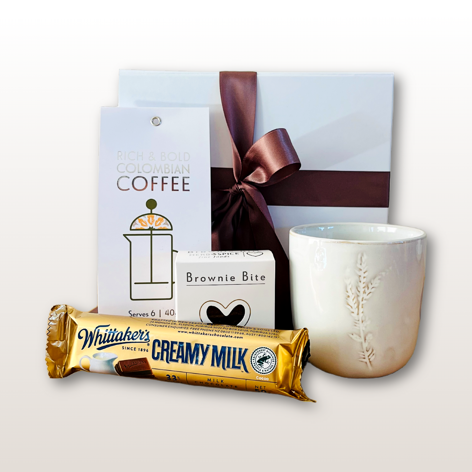 Little Coffeelovers Coffee Gift Box NZ with Colombian coffee, espresso cup and mini heart chocolate brownie.