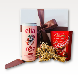 Little Smile Maker Celebration Gift Box NZ with alcohol-free Negroni, Lindt Mini Cornet chocolates and dried flowers.
