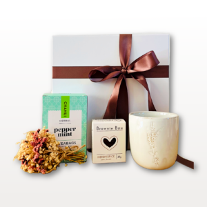 Little Tea Break Peppermint Tea Gift Box NZ with Chanui peppermint tea, espresso cup, mini heart chocolate brownie and dried flowers.