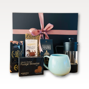 The Coffee Escape Coffee Gift Box NZ with Colombian coffee, coffee plunger, mug, artisan chocolate and gourmet treats