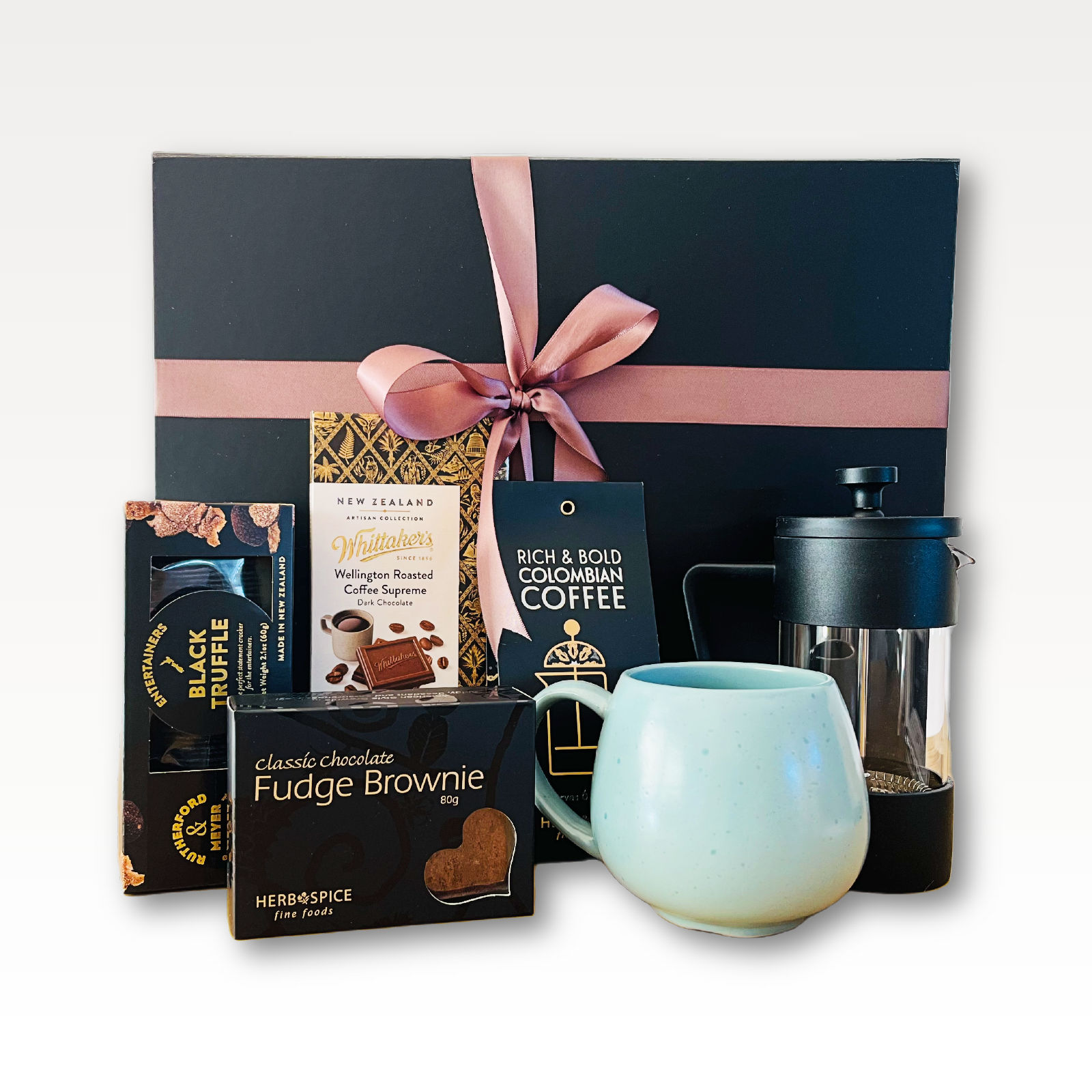 The Coffee Escape Coffee Gift Box NZ with Colombian coffee, coffee plunger, mug, artisan chocolate and gourmet treats